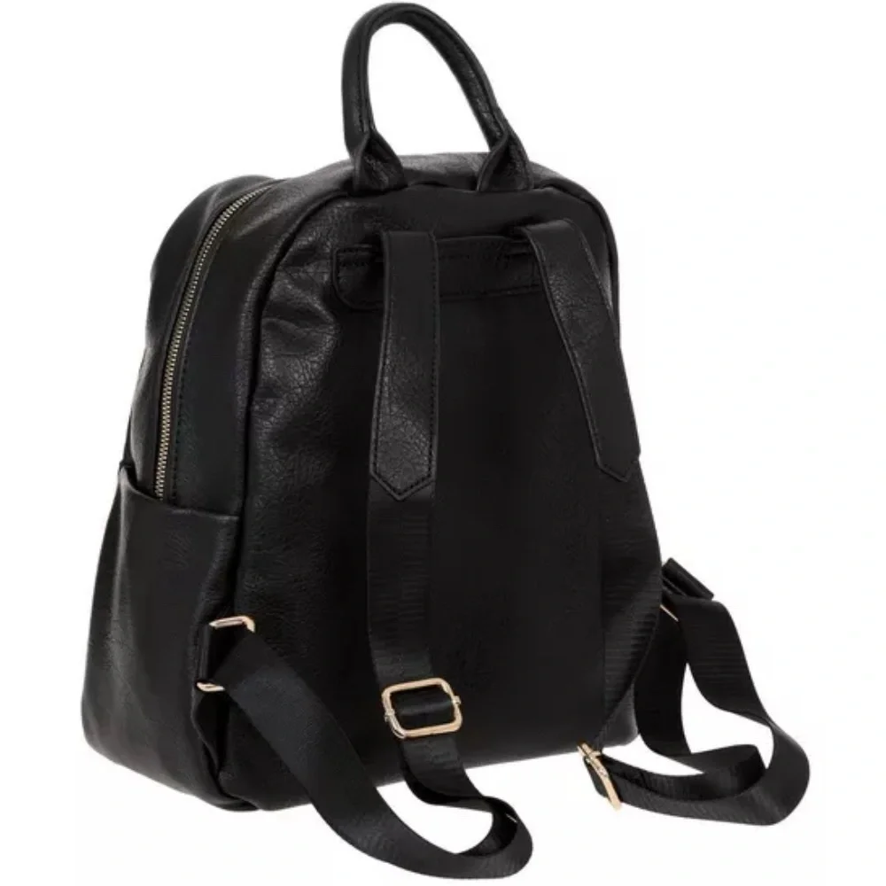 Black Faux Leather Backpack With Gold Tone Hardware